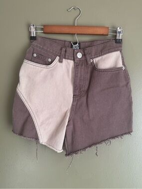 BDG Two-Tone Brown & Cream Patchwork Denim Shorts